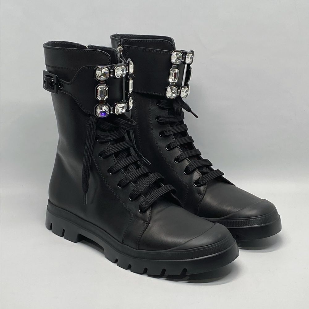 Roger Vivier Walkyviv Calfskin Crystal-Buckle Mid Boots size 41.5 - Picture 3 of 15